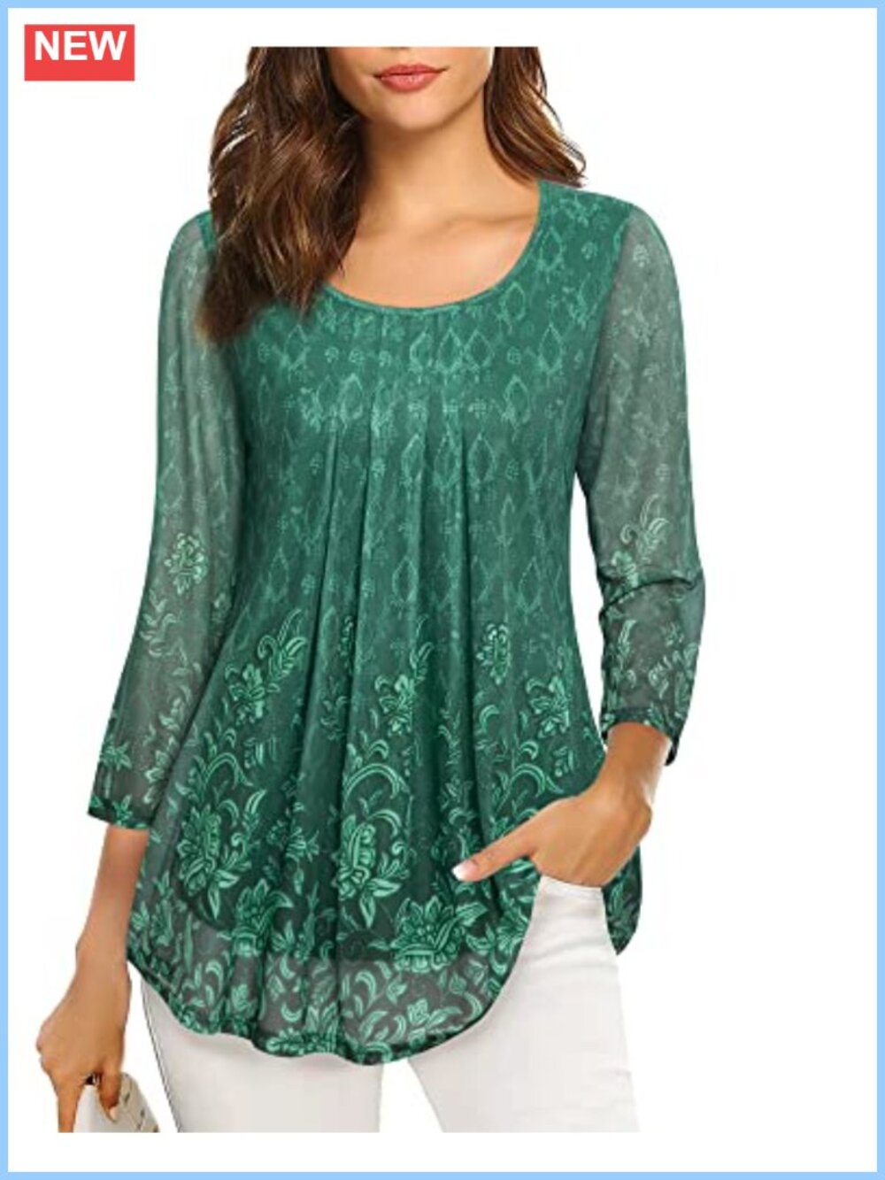 3/4 Sleeve Tunic Top Loose Fit Floral Mesh Pleated Layered Blouse